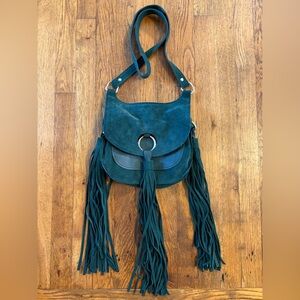 Topshop Dark Forest Green Tasseled Suede Cross Body retail $125